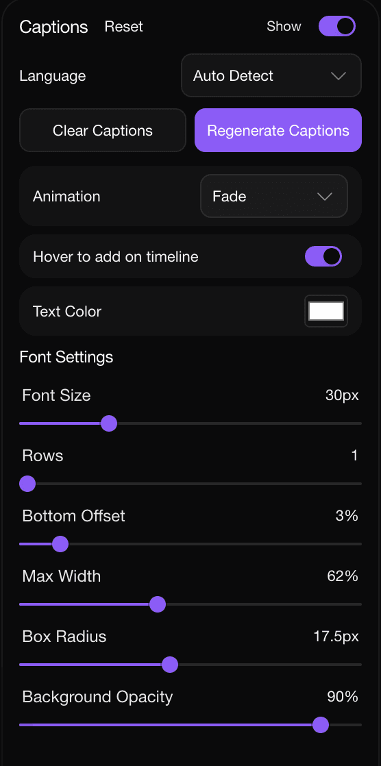 Captions panel with language, font, and caption box controls